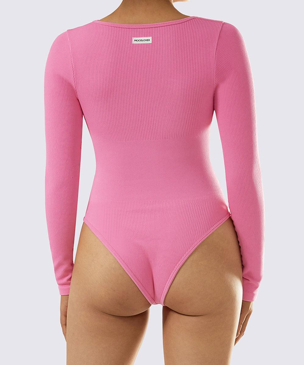 Ribbed Solid Color Tummy Control Long Sleeve Seamless Bodysuit